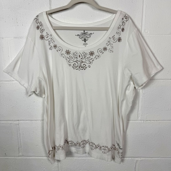 Tommy Hilfiger Tops - Tommy Hilfiger Womens T-Shirt White Silver Embellished Floral Trim Artsy Size 3X